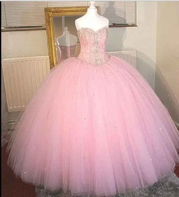 Дизайн Милая Бальное платье Тюль Бисероплетение Розовые Платья Quinceanera Длина Пола Выпускные Платья