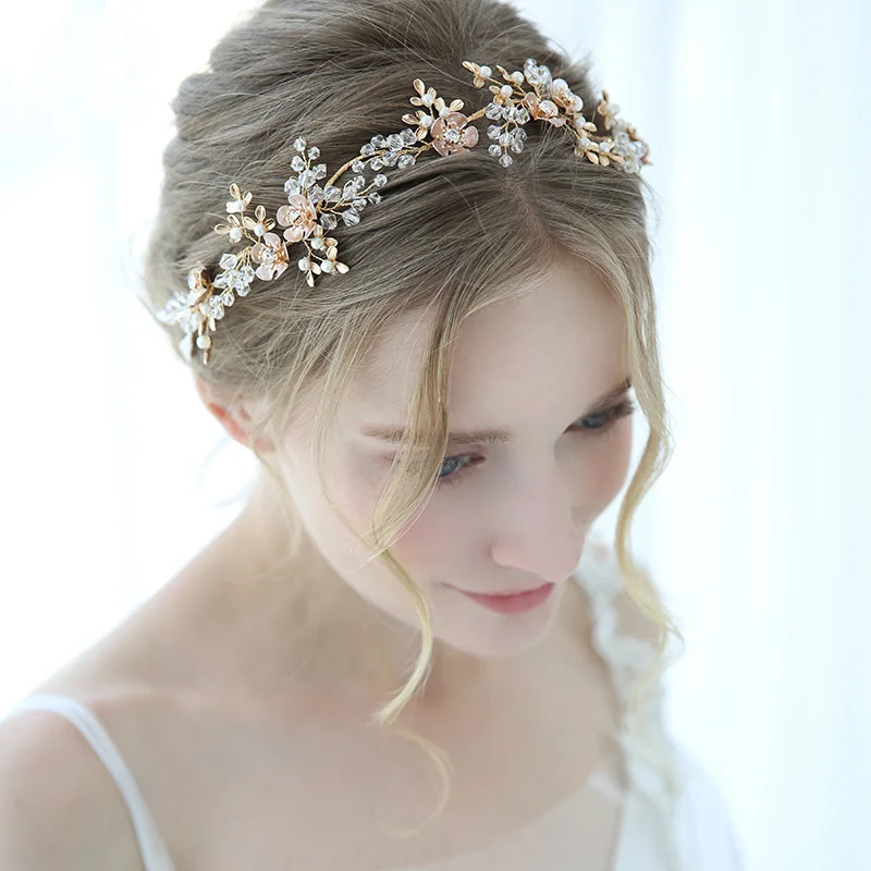 

Bridal Small Floral Headband Crystal Ribbon Pearls Branch Hairband Hair Vine Sweet Bridesmaid Ornament Wedding Hair Accessory