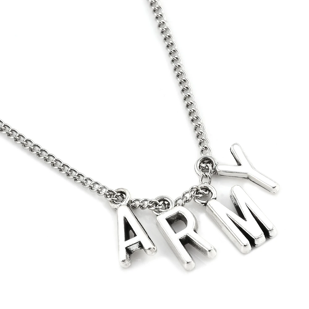 

2019 Fashion KPOP BTS Jimin ARMY NecklaceBangtan Boys A.R.M.Y Pendant Silver Metal Necklace Jewelry For Men Wholesale