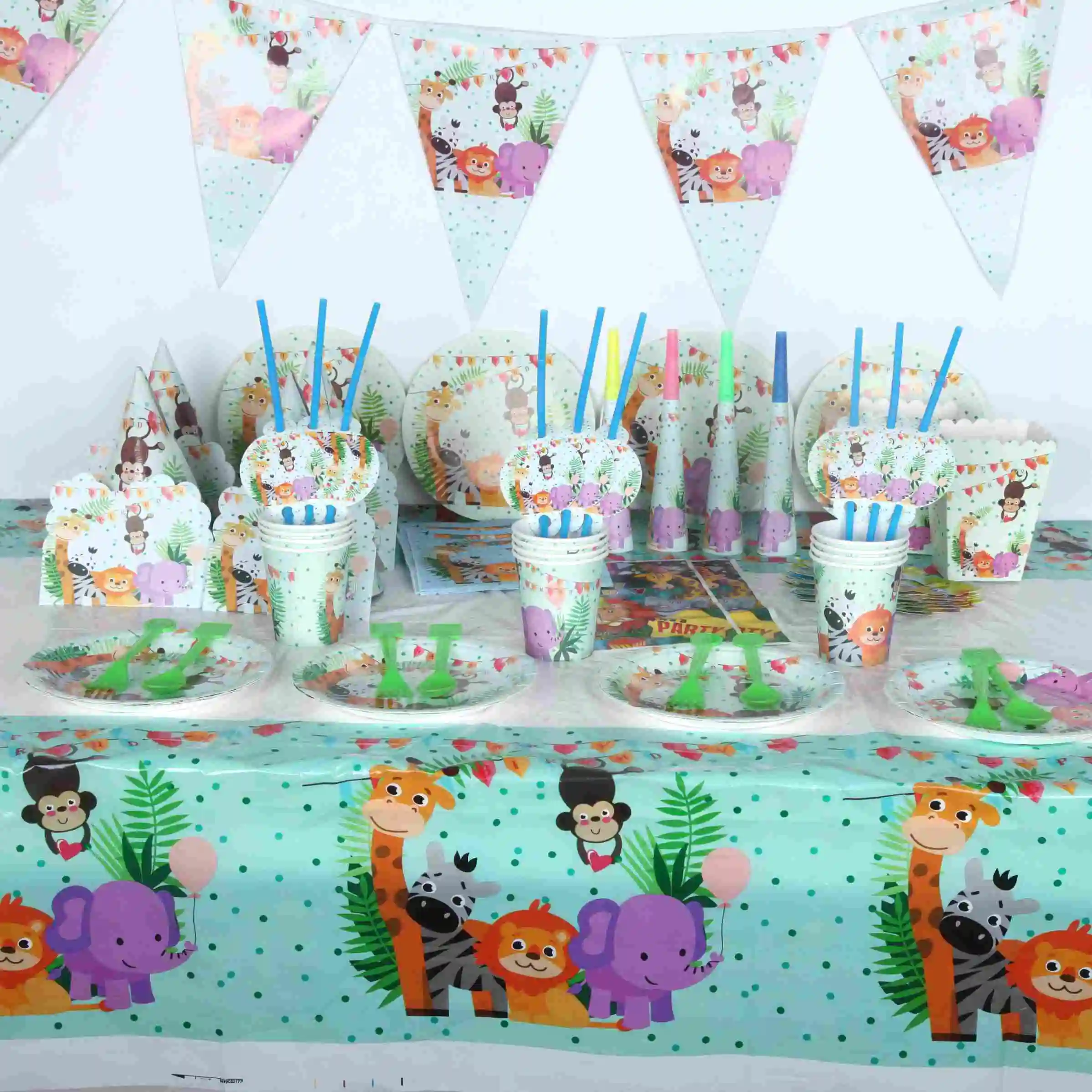 

115Pcs\Lot Jungle Animal Theme Paper Cup Plate Napkin Flag Boy Birthday Party Festival Wedding Banners Decoration Supply