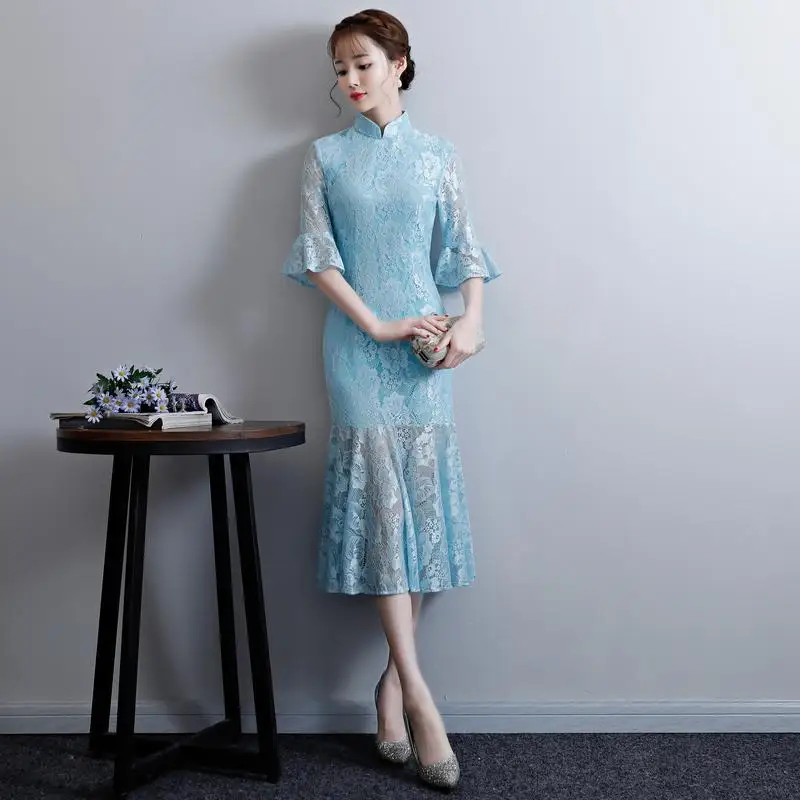 Лето Cheongsam Новинка Платье в китайском стиле женские кружева от Qipao тонкий Платья для вечеринок Леди Кнопка Vestido Размеры S-XXL - Цвет: Небесно-голубой