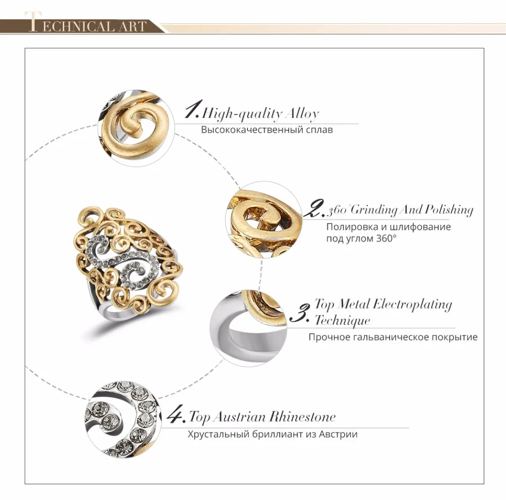 Viennois Золотые кольца для женщин горный хрусталь Готические широкоформатные кольца Серебряные кольца в стиле ретро-коктейль