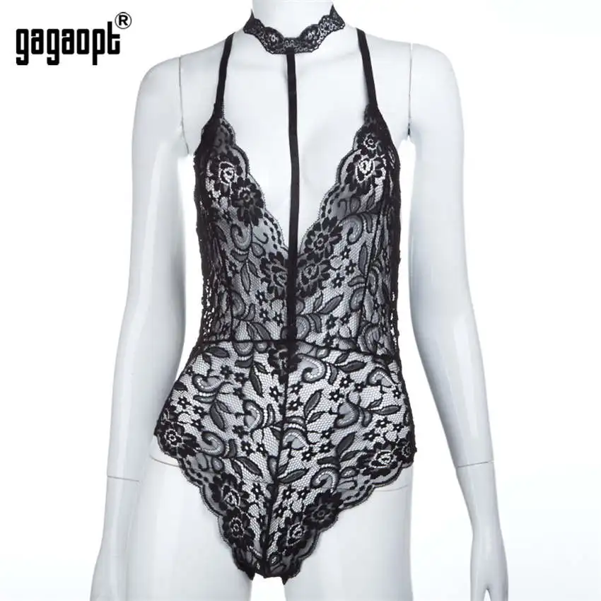 Gagaopt Classic Lace Bodysuit Women Perspective Hollow Out with Choker Bodysuit Romper Jumpsuit Sexy Bodysuit satin bodysuit Bodysuits