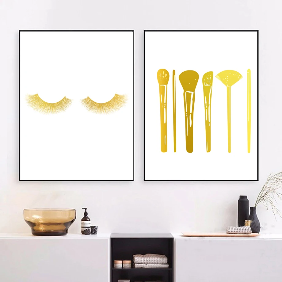 

Gold Makeup Brushes Eyelash Wall Art Canvas Painting Nordic Posters And Prints Wall Pictures For Living Room Beauty Salon Decor