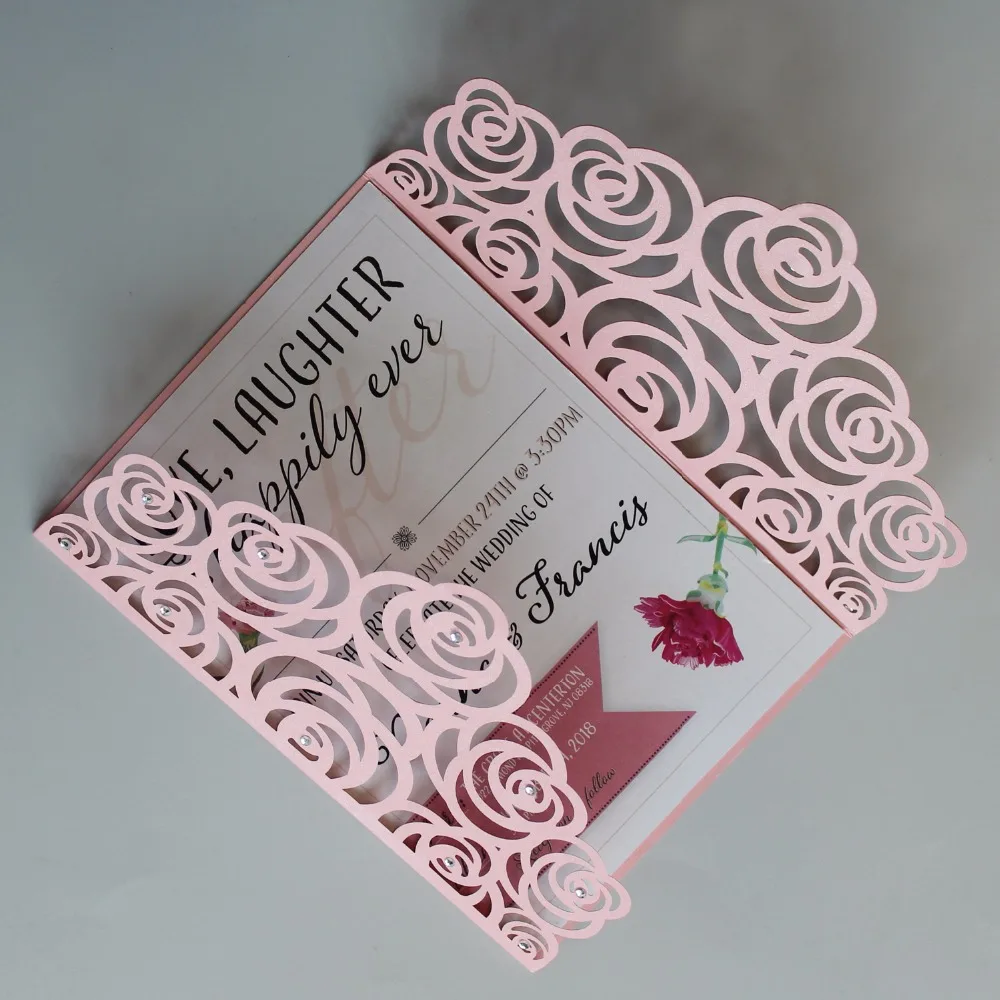  Pink Wedding Invitation Laser Cut Rose Wedding Invite Romantic Invitation Cards With Envelopes - Se - 32918754635