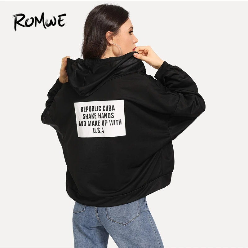 New  ROMWE Black Ribbon Letter Tape Strap Hooded Jacket Womens Jackets And Coats Casual Autumn 2018 Clot