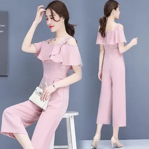 Suspender Rompers Womens Jumpsuit Ruffles Jumpsuits Chiffon Overalls Female Summer Macacao Feminino Combinaison Femme Salopette - Color: Pink