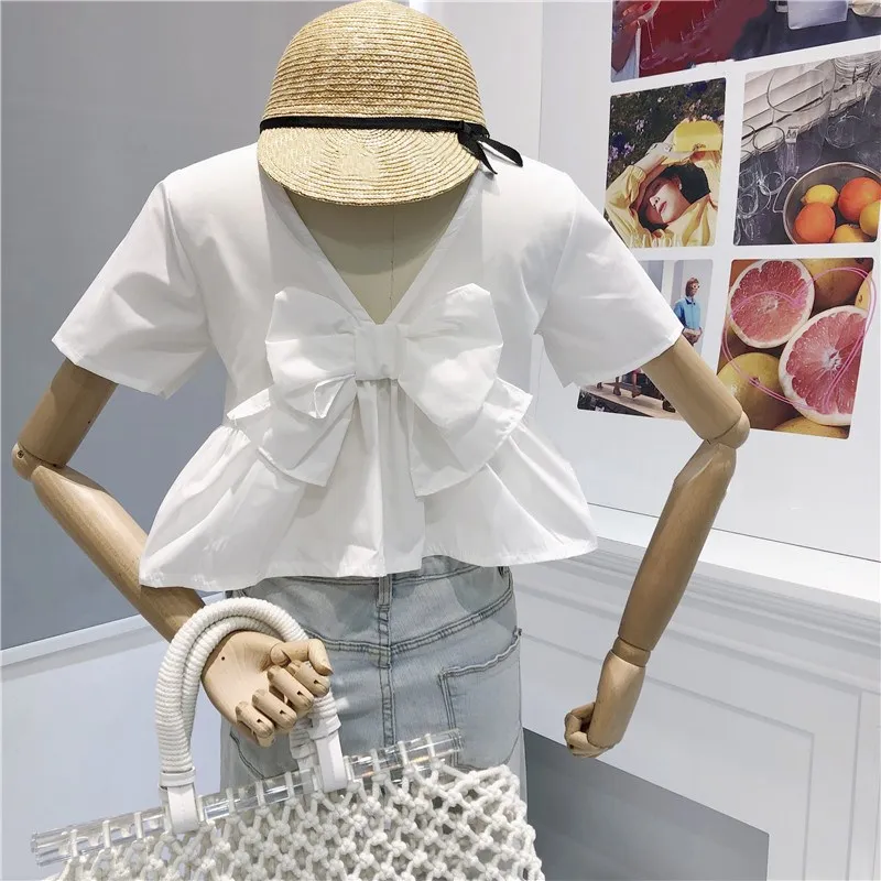 WHITNEY WANG Blouses Woman Summer Fashion Streetwear Back Sweet Bow Blouse Women Blusas Shirt Tops
