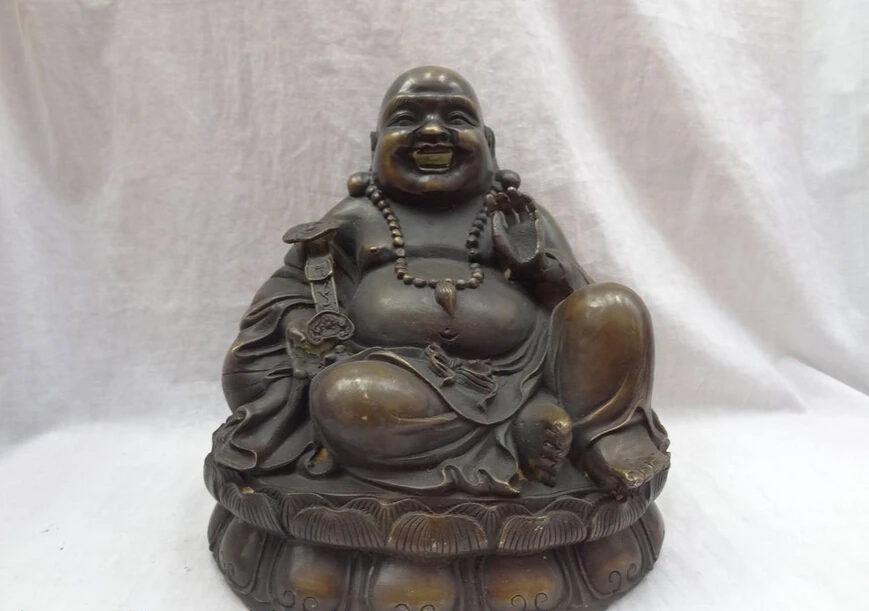 

USPS to USA S1415 Chinese Bronze Buddhism RuYi Wealth Happy Laugh Maitreya Buddha On Lotus Statue (B0328)