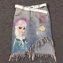 2017 summer fashion women denim skirt high waist beauty head sequins hole package hip skirt