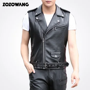 

ZOZOWANG NEW spring summer solid shore loose casual leather vest men turn down collar zipper belt sleeveless leather vest men
