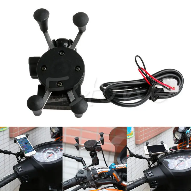 Motorcycle Scooter X Grip Clamp USB Charger Mirror Mount Holder for Smart Phones GPSin Phone