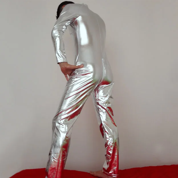 Цельный Блестящий искусственный кожаный сексуальный спандекс серебряный мужской комбинезон комбинезоны с круглым воротом металлическая молния Боди для танцев нижнее белье