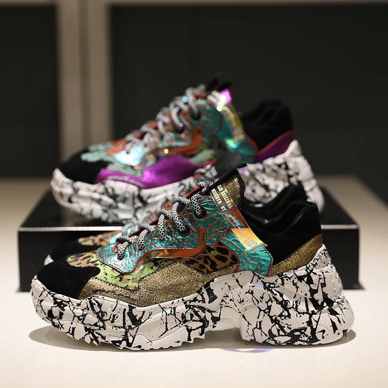 

Chunky Heel Women Patchwork Sneakers Platform Lace-up Woman Casual Shoes Camouflage Sneakers Chaussures Trendy Dad Shoes Hot
