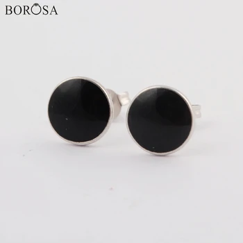 

BOROSA 10Pairs 92.5% Pure Silver Color and Classic Black Agates Size 7mm 10mm Round Stud Earrings Jewelry for Wholesale WX1153