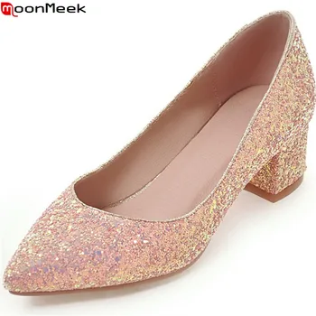 

MoonMeek fashion spring autumn women pumps pointed toe ladies single shoes square heel shallow elegant sweet med heels shoes