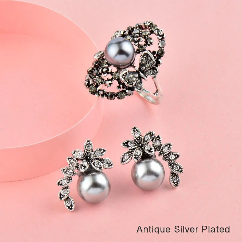 SINLEERY Винтаж Имитация серого жемчуга ювелирные наборы для женщин античный серебряный цвет кольцо с бабочкой из кристаллов серьги набор TZ037 SSB