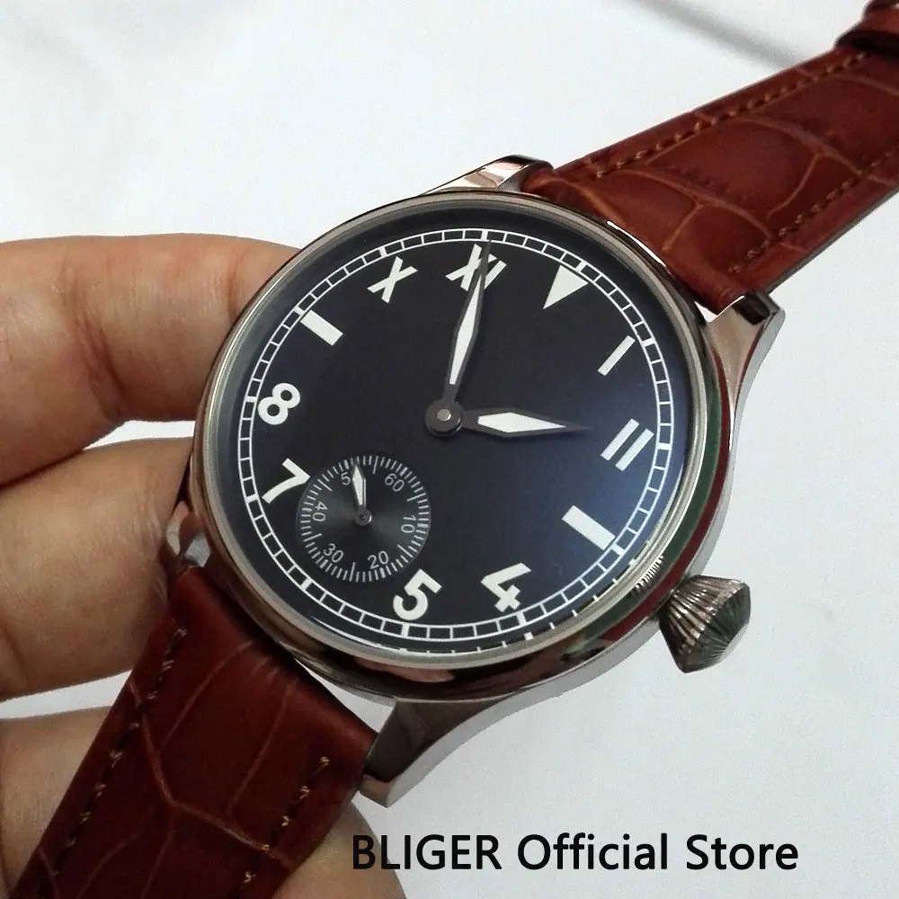 

Vintage 44MM Black Sterile Dial Polished Case Luminous Marks Mechanical 6498 Hand Winding Movement Men's Wristwatch P-7A