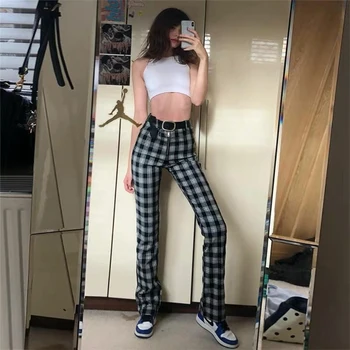 

High Waist Womens Casual Pants Plaid Checks Straight Trousers Long Students Pant Female Retro Fashion Women