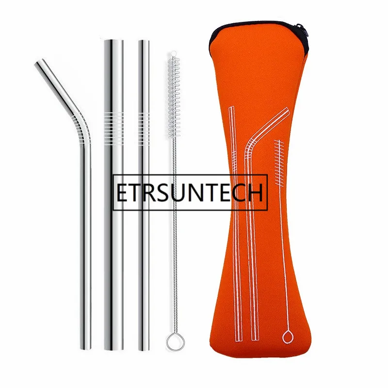 

3pcs/set Reusable Stainless Steel Drinking Straws Straw with Cleaning Brush Neoprene Bag Different Size for Home Party Barware