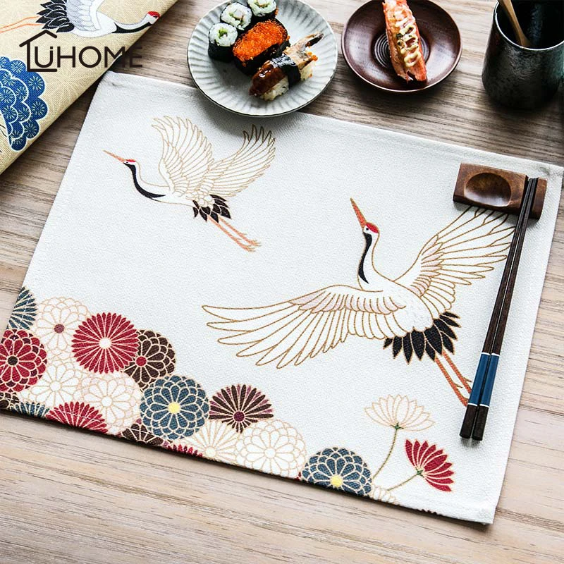 Japanese Style Crane Pattern Table Placemats for Table Set Cotton Linen