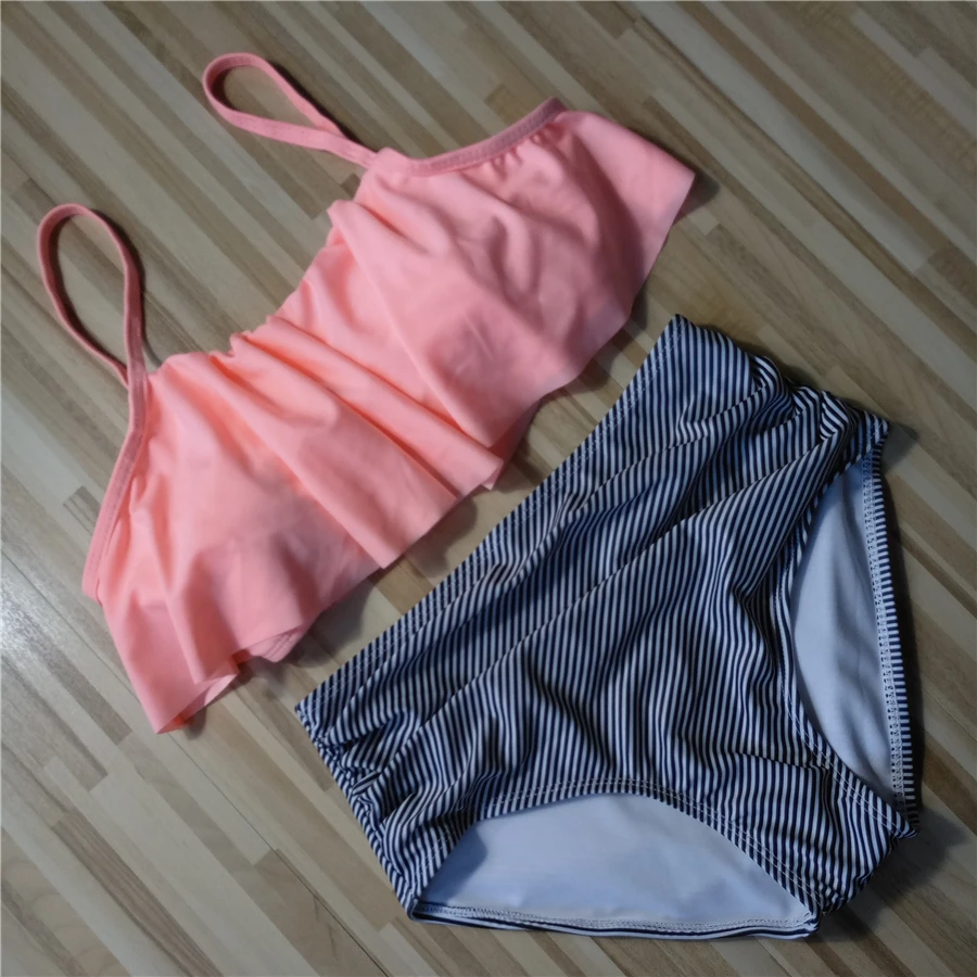 

Female Push Up Bikini Sexy High Waisted Bathing Suit Biquini Women Blue Striped Swimsuit Ruffle Flounce Beach Swim Wear 2016