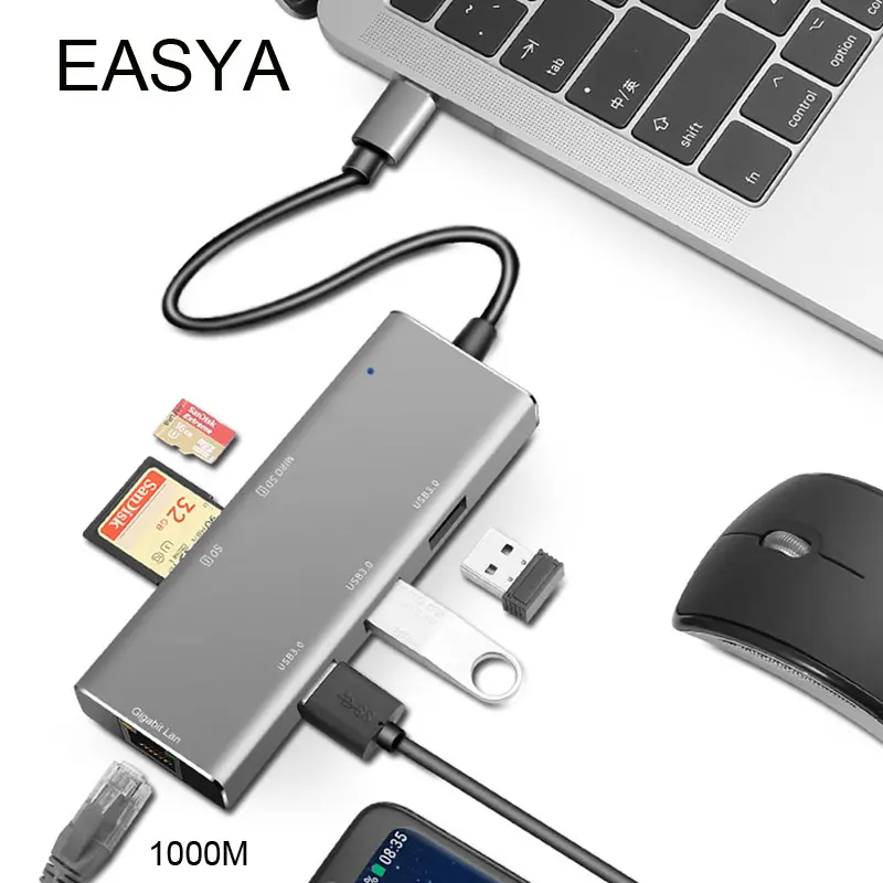 

EASYA Wholesale Thunderbolt 3 USB C Hub to Rj45 Adapter 1000M with TF SD Card Reader Slot Hub 3.0 for Macbook Pro 2018 Type-c