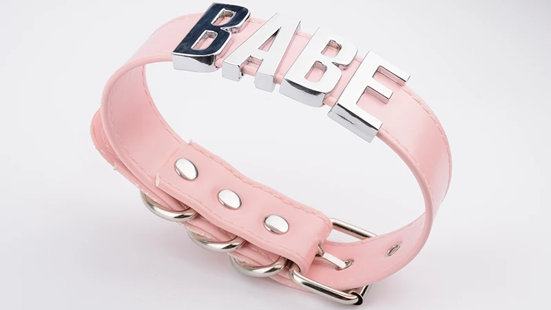 Pink BDSM Fetish Bondage Collar Necklace Cosplay Harajuku Gothic Babe Choker 100% Handmade Silver Letter Word Name Choker Women 8