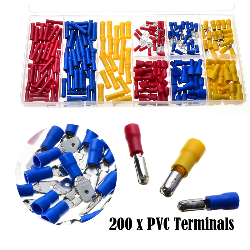 

200pcs Electrical Wire Crimp Terminals Kit Insulated Spade Bullet Butt Connectors Assorted Terminals Set Red Blue Yellow