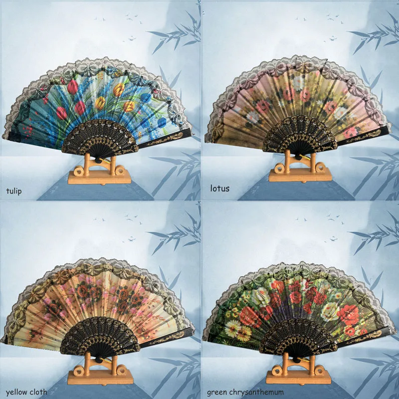 Home Decor Summer Vintage Lace Silk Dance Folding Fan Flowers