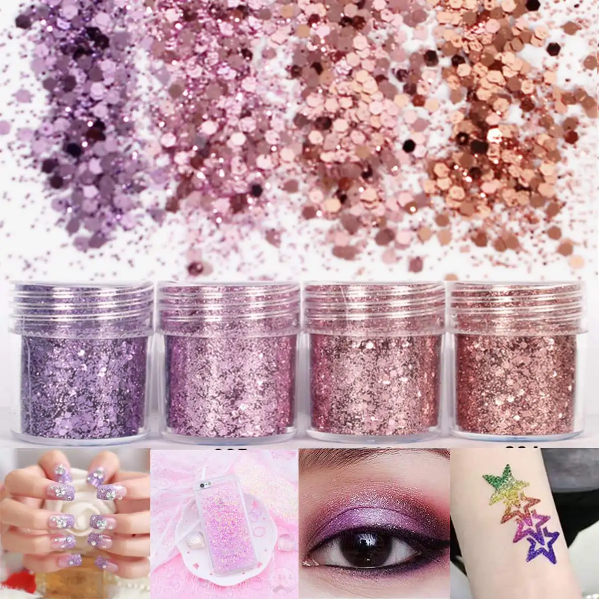 

4box 10ml Pink Purple Nail Art Glitter Powder Sheets Ultra-thin & 1mm Mixed Sequins Acrylic Tips Body Paint Nail Art Decoration