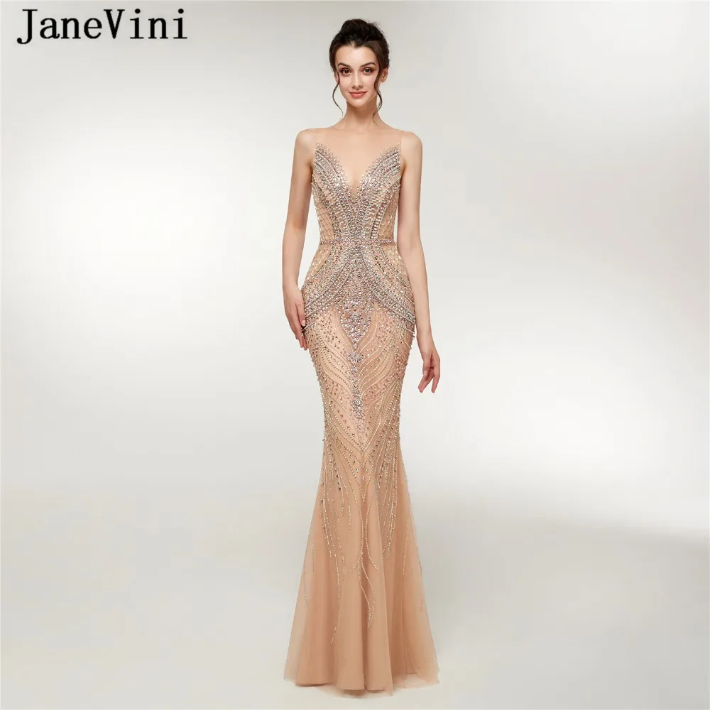 

JaneVini Luxury Beading Tulle Long Bridesmaid Dresses 2018 Sexy Mermaid Illusion Back Floor Length Pageant Prom Gowns Damigelle