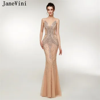 

JaneVini Luxury Beading Tulle Long Bridesmaid Dresses 2018 Sexy Mermaid Illusion Back Floor Length Pageant Prom Gowns Damigelle