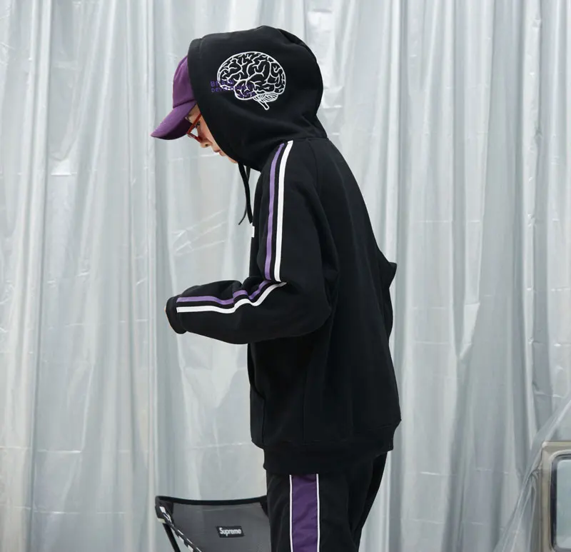 Stripe Hooded Embroidery Brain Pullover Hoodies 2