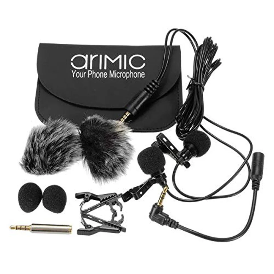 

AriMic Dual-Head Clip on Lapel Microphone Recording Camera Accessories for iPhone for Samsung Smartphone Camcorders