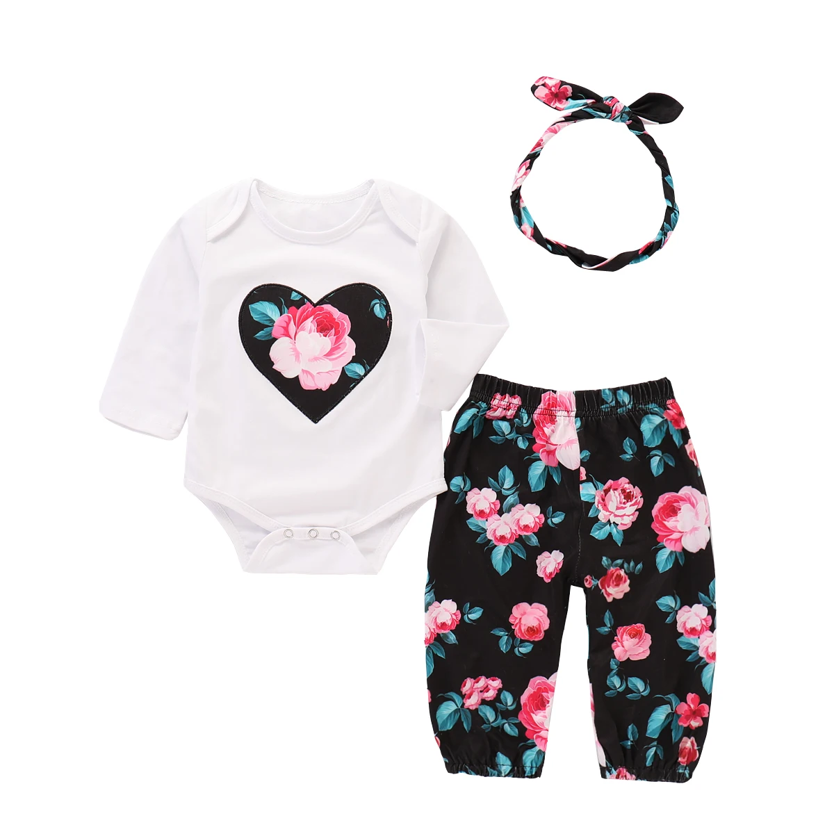 

Flower Newborn Baby Girls Cotton Top Long Sleeve Romper Pants Headband Outfits Clothes 0-12M