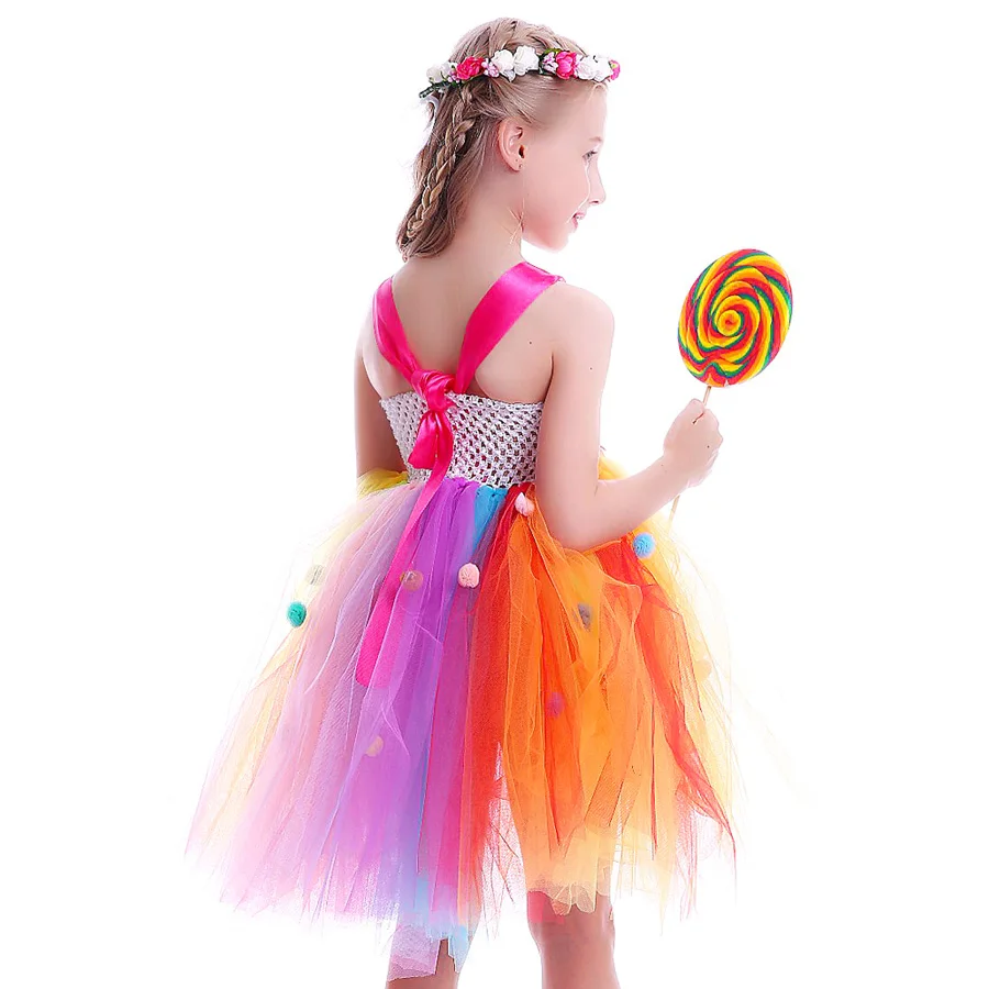 Girls Rainbow Fairy Tutu Dress Sweet Kids Candy Lollipop Dress Children Pom pom Dress for Birthday Outfit Lollipop Gown (7)