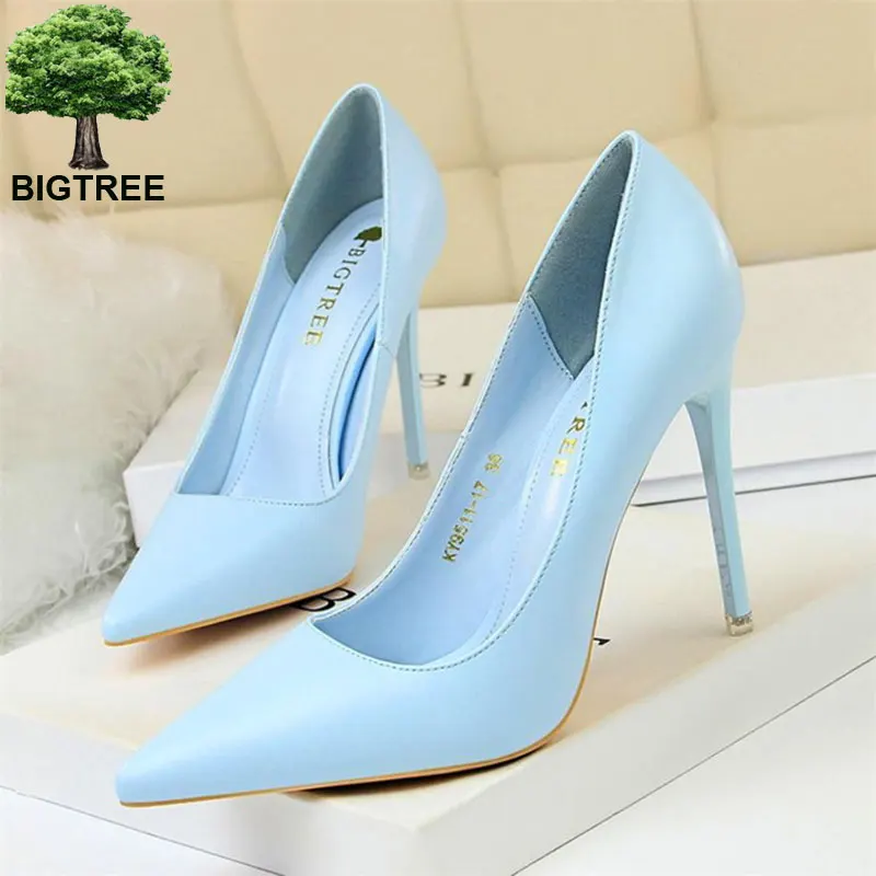 BIGTREE Soft Leather Shallow Fashion Women's High Heels Shoes Candy Colors Pointed Toe Women Pumps Show Thin Female Office Shoe
