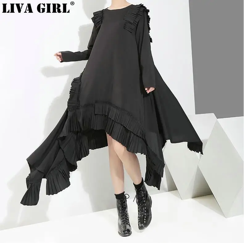 

LIVA GIRL New Autumn Winter Round Neck Long Sleeve Ruffles Split Joint Irregular Hem Loose Dress Women Fashion Tide