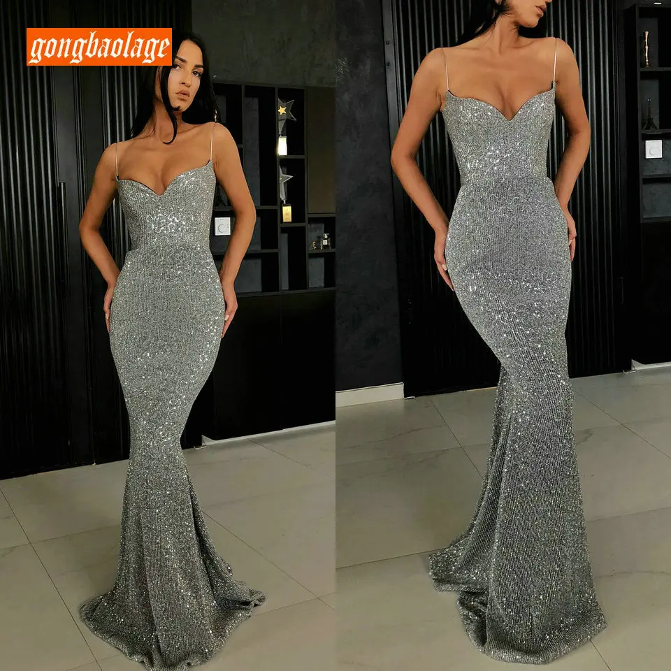 

Formal Women Silver Mermaid Long Evening Gown 2019 Black Evening Dresses Sweetheart Zipper Ankle Length Cheap Reflective Dress