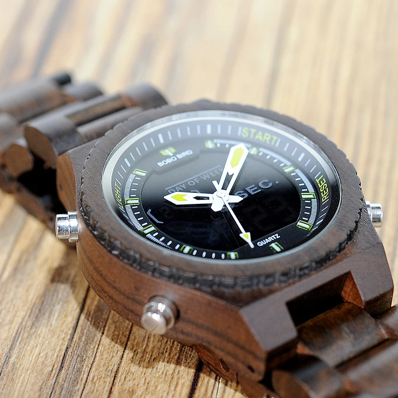 Manufacture BOBO BIRD L- P02 Classic Men Wooden Watches Quaint Luxury Alarm Clock Men Ebony Wood Band Dual Display Watch