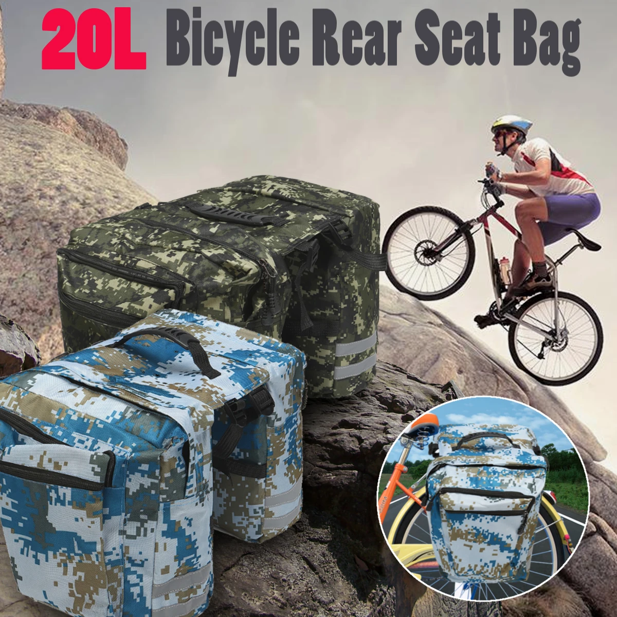 20L Camo Bicycle Rear Rack Seat Saddle Bag Cycling Bike Pannier Tail