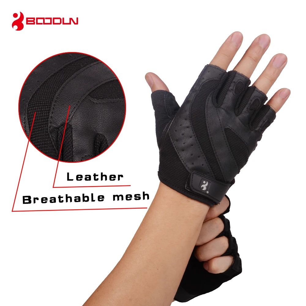 Boodun Genuine Leather Gym Weight Lifting Gloves Men Body Building Training Sports Fitness Exercise Pig Black Gloves Male