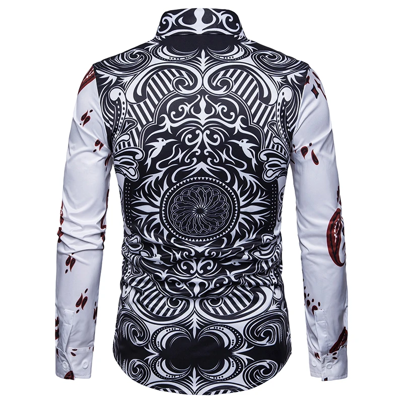 Mens Long Sleeve Printed Shirt Spring Fashion Cotton Poker Man Dress Shirts Slim Fit Casual Homme