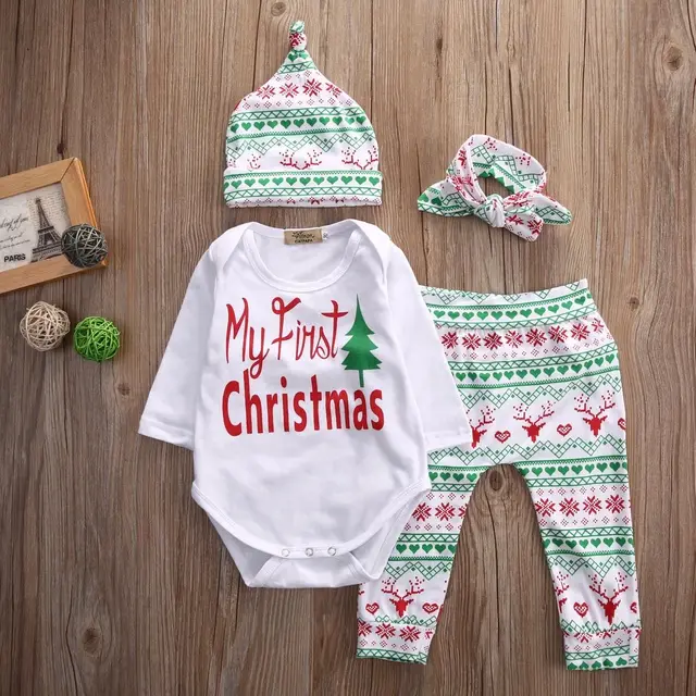 My First Christmas Infant Baby Boy Girl Outfits Clothes Romper Pants My First Christmas Infant Baby Boy Girl Outfits Clothes Romper Pants Leggings Hat Headband 4PCS Set - My First Christmas Infant Baby Boy Girl Outfits Clothes Romper Pants