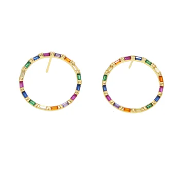

Geometric Hollow round circle baguette colorful cz simple gorgeous trendy women round stud earring rainbow bohemian jewelry