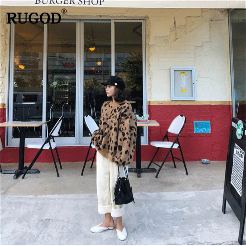 RUGOD, Модные леопардовые женские свитера, свободные, повседневные, корейский стиль, женские пуловеры, длинные, вязаные, женские топы, pull hiver femme