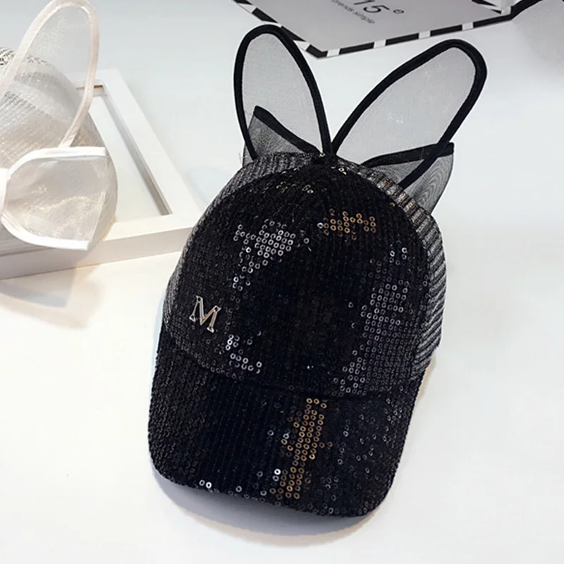 Летняя детская бейсбольная кепка с блестками и заячьими ушками для девочек, Кепка в стиле хип-хоп для детей от 3 до 8 лет - Цвет: glitter mesh black