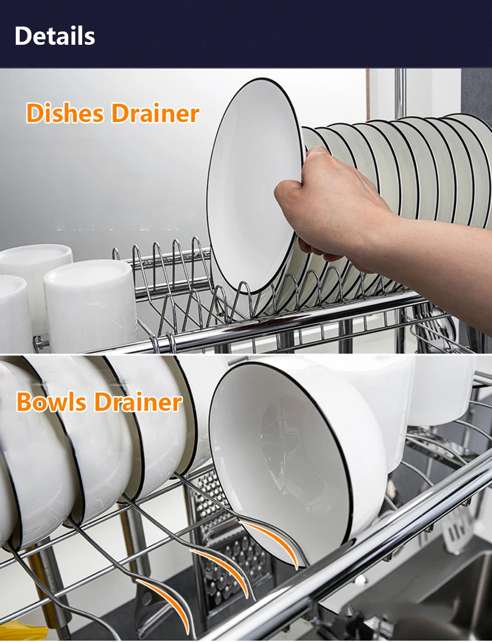 Durable Kitchen Rack 304 Stainless Steel Shelf Single Tier Sink Hanging Hook Dish Bowl Drainer Rustproof Waterproof Shelf