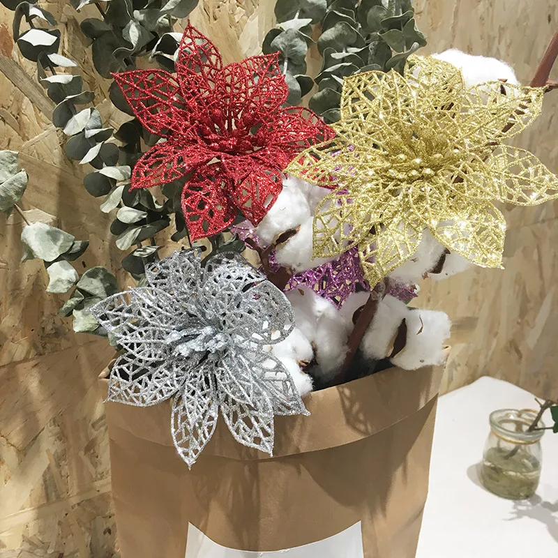 10PCS Glitter Hollow Artificial Flower Xmas Ornament Christmas Tree Decoration Festival Party Home New Year 5Z | Дом и сад